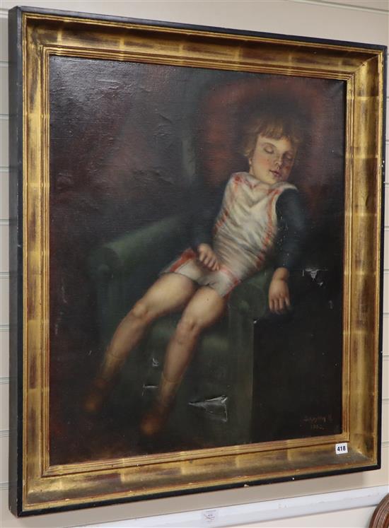 H. Schuyten, oil on canvas, Child sleeping in an armchair, signed and dated 1952, 79 x 69cm